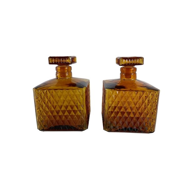 Indiana Glass Amber Square Diamond Point Pair Of Decanters Vintage Barware - Picture 3 of 8